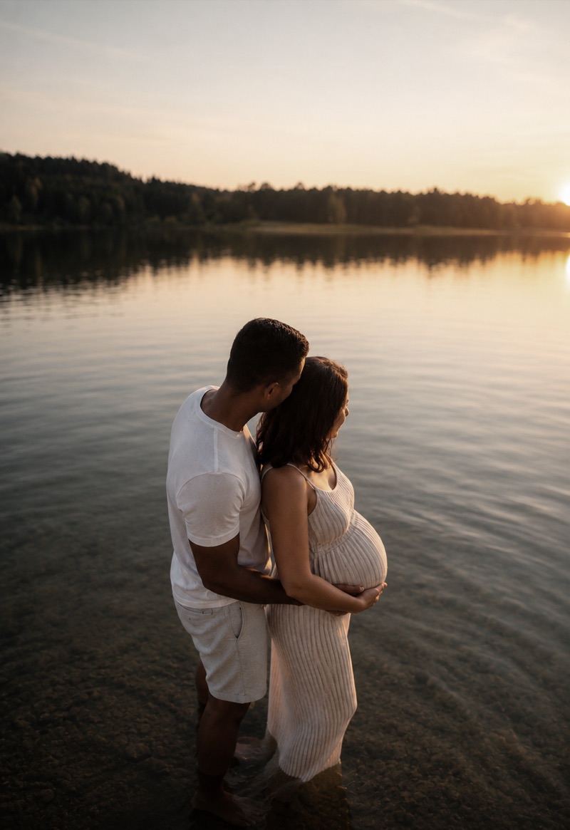 Un couple en attente d'un enfant, au bord du lac au coucher du soleil